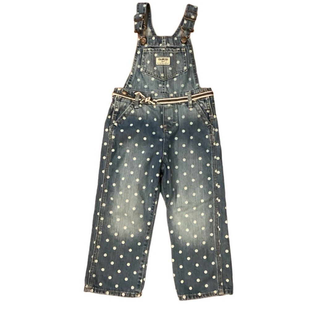 Oshkosh Polka Dot Overalls 3T Blue Denim Bibbed White Circles Tie Belt Vestbak